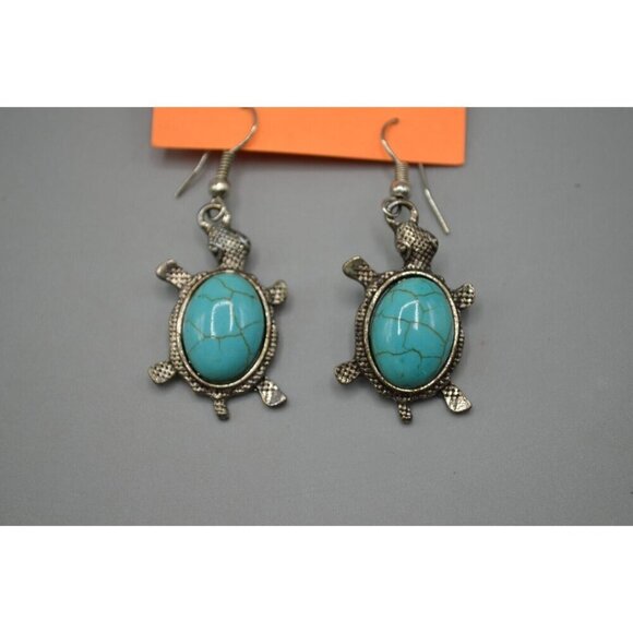 Silver Turtle Dangle Drop Earrings Turquoise Tortoise Stone 2 Inch Pre-Owned - Picture 1 of 5